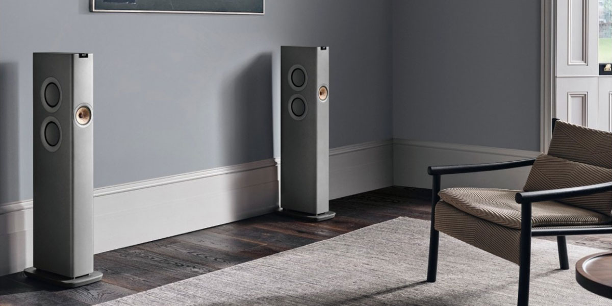 KEF LS60 Wireless Floorstanding Speakers in a living room